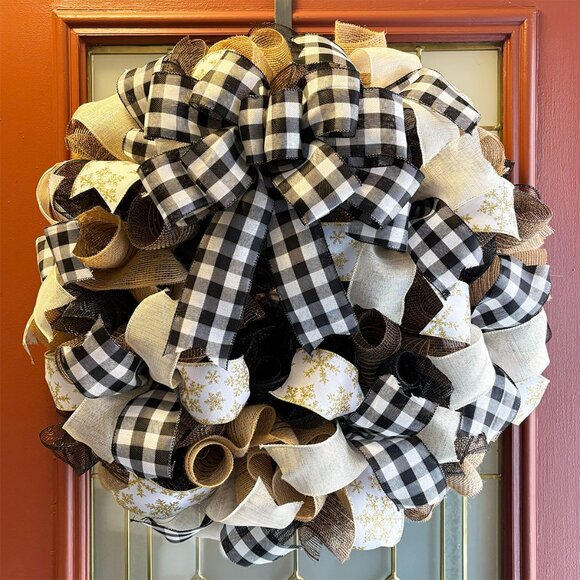 Black and White Buffalo Plaid Deco Mesh Wreath - 24 inch - Picture 1 of 3